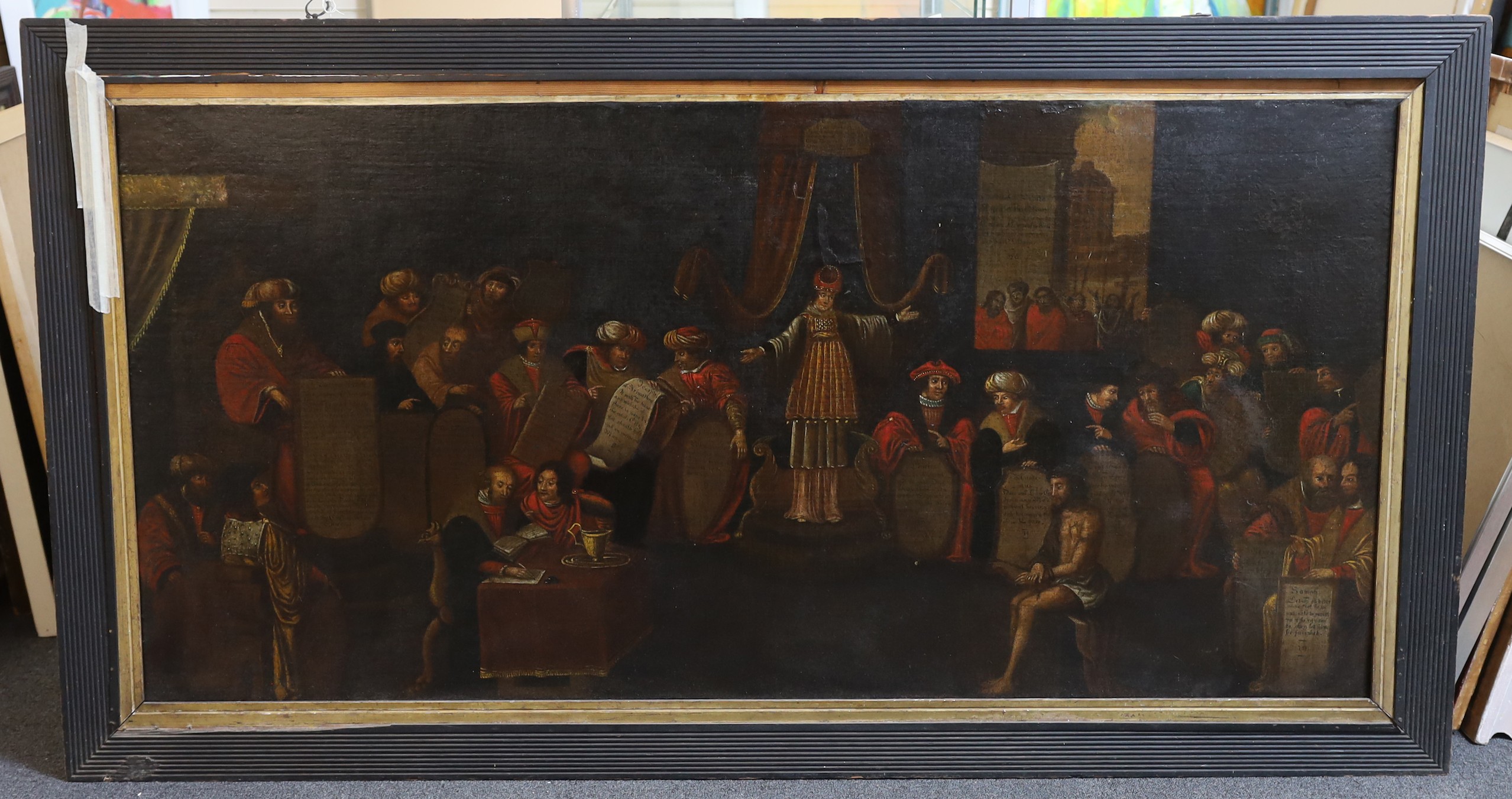 Mid 17th Century English School, Christ before Pilate and Jewish leaders, including Joseph of Arimathea, with many of the figures holding scrolls on which are writings inscribed in both Hebrew and English., oil on canvas
